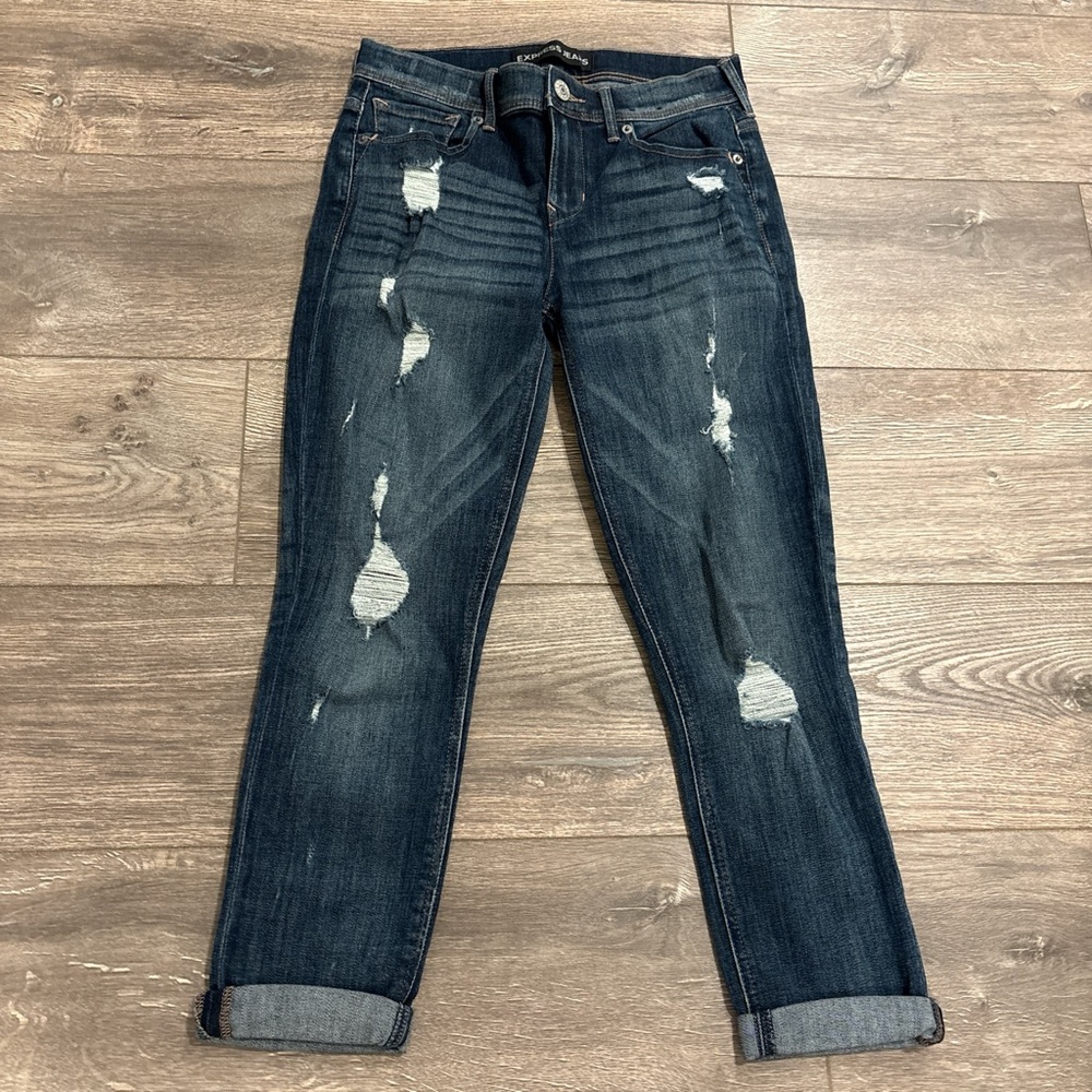 Express Dark Blue Distressed Mid Rise Cropped Jeggings